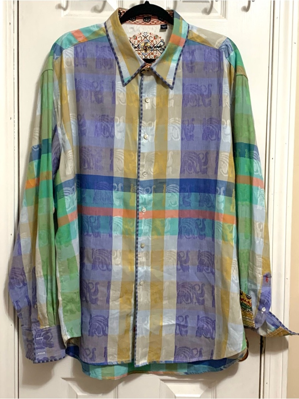 Robert Graham Pastel Plaid Damask Button Down Shirt 2XL